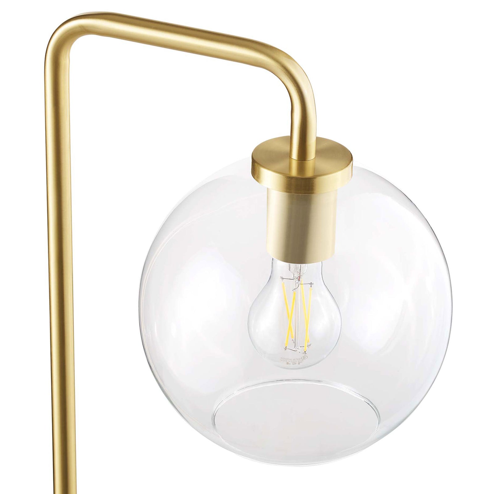Clear glass globe shade with satin brass socket and visible filament-style bulb || EEI-5616-SBR || shade_studio