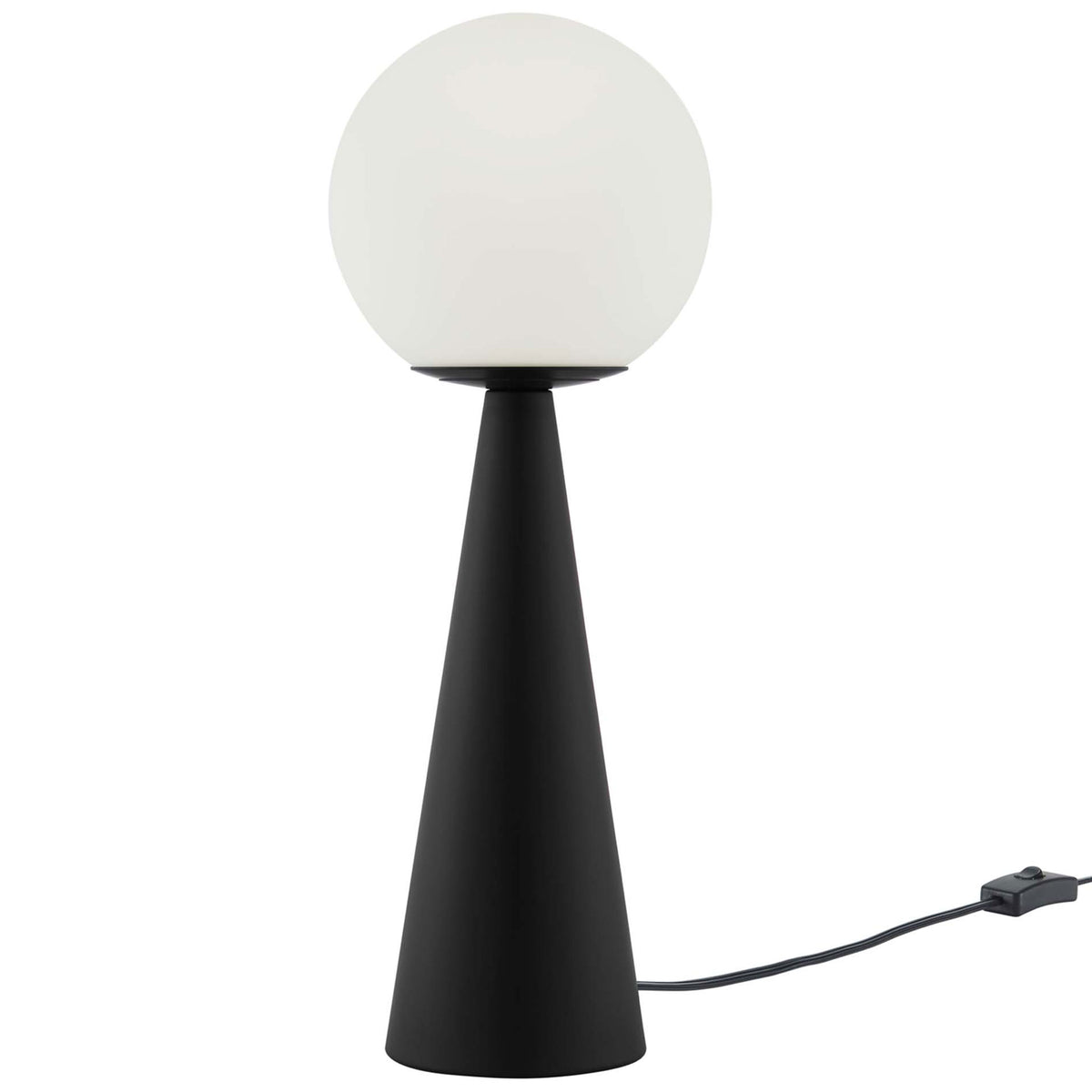 Modern glass globe table lamp with sleek black cone base and minimalist silhouette || EEI-5621-WHI-BLK || front_studio