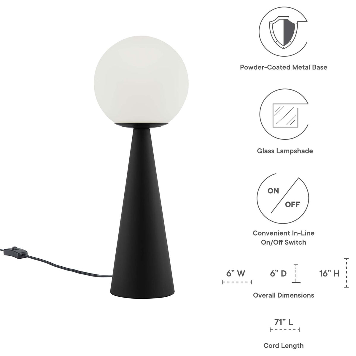 Apex glass globe lamp with icons highlighting metal base, glass shade, and convenient switch || EEI-5621-WHI-BLK || dimension_studio