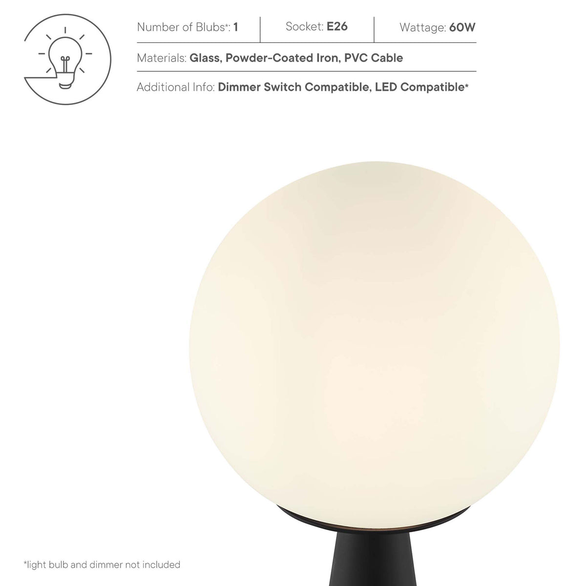 Close up of glowing glass globe shade with text callouts for bulb type and wattage details || EEI-5621-WHI-BLK || callout_studio
