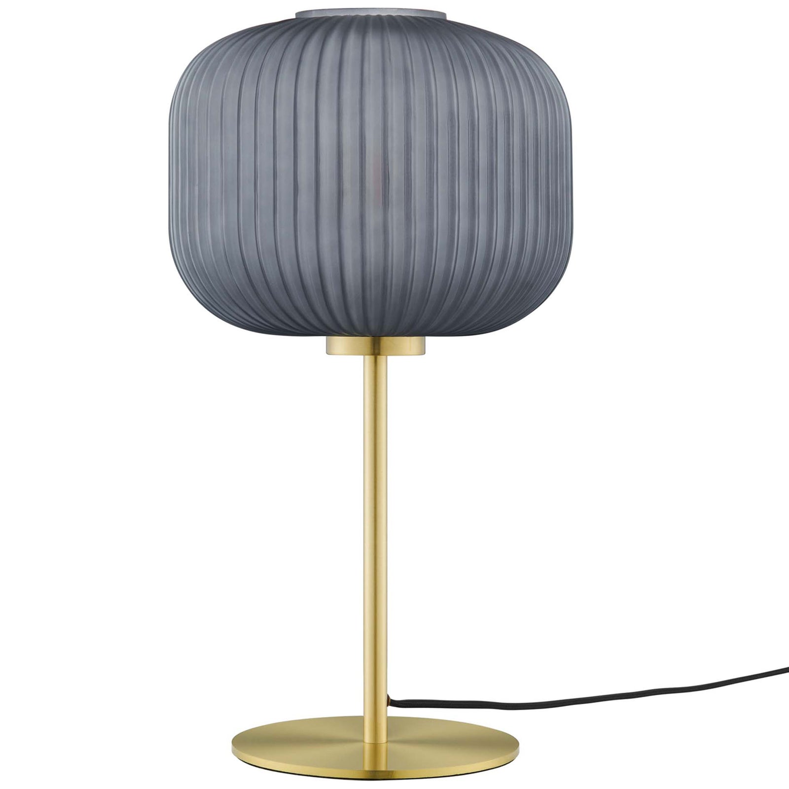 Smoked glass table lamp with ribbed globe shade and satin brass base for modern accent lighting || EEI-5622-BLK-SBR || front_studio