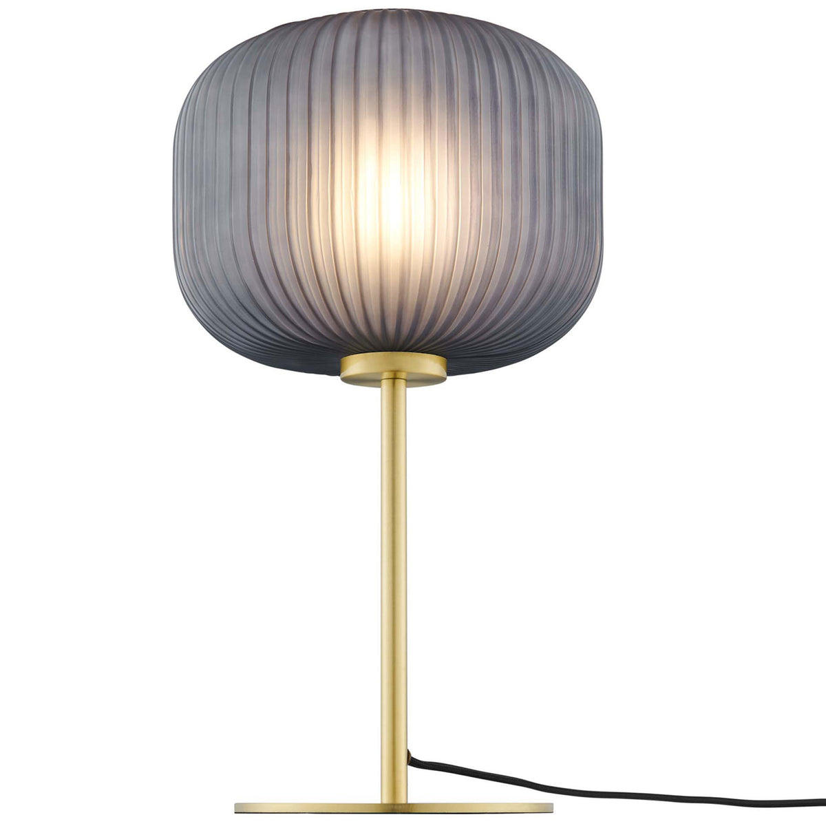 Smoked glass globe lamp with warm diffused glow and slender satin brass column base || EEI-5622-BLK-SBR || front_on_studio