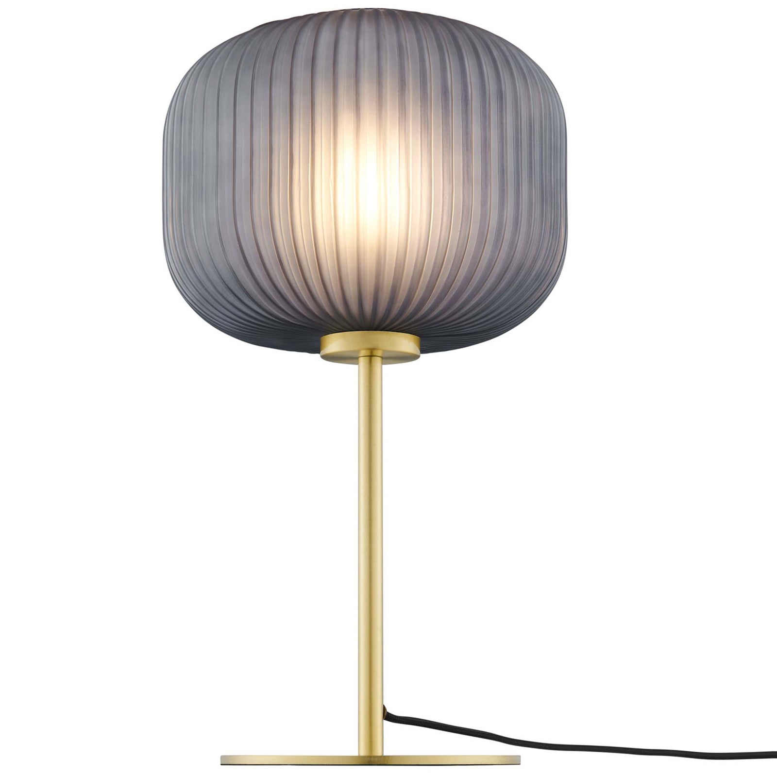 Smoked glass globe lamp with warm diffused glow and slender satin brass column base || EEI-5622-BLK-SBR || front_on_studio