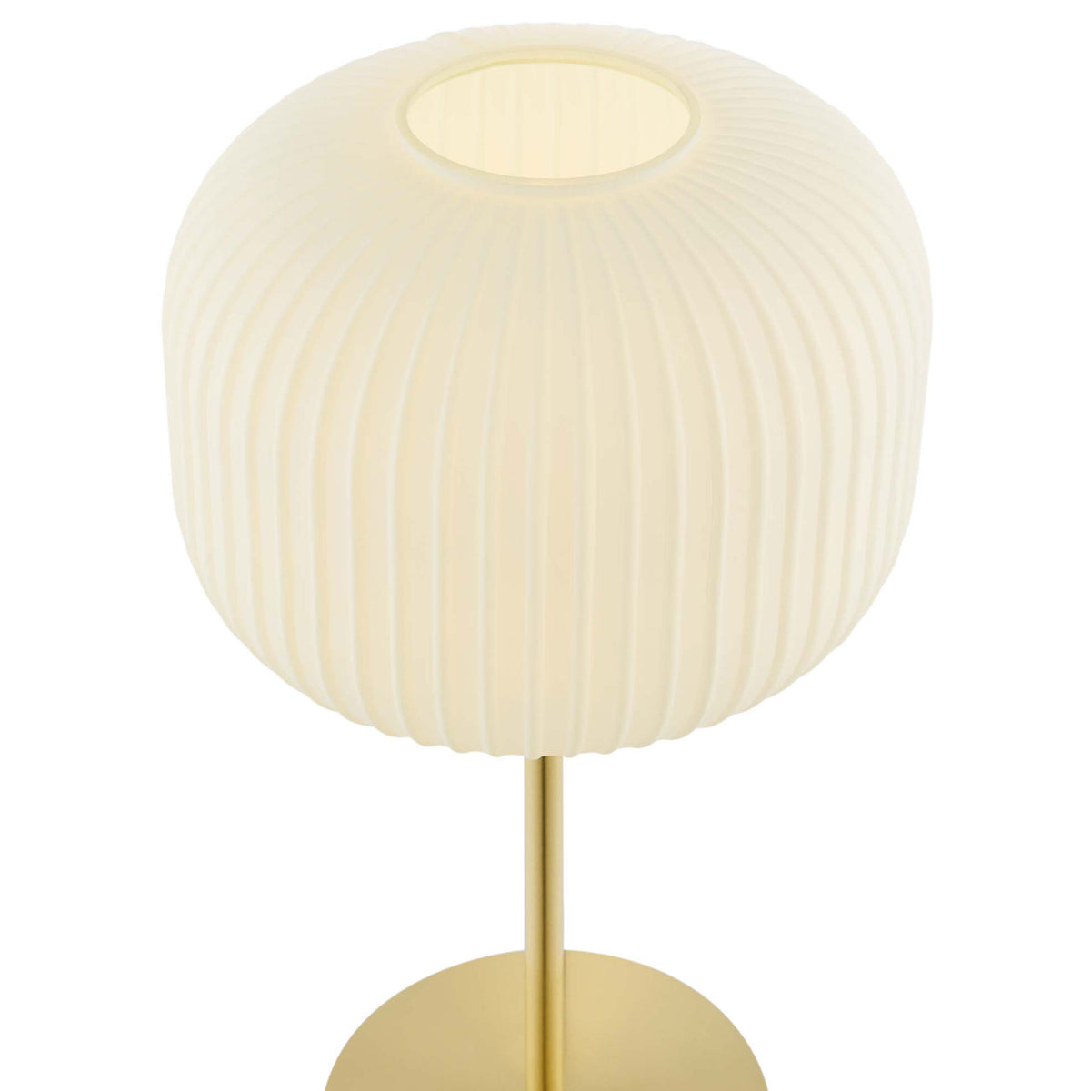 Ribbed white glass lampshade aglow to highlight its sculpted silhouette and diffused light || EEI-5622-WHI-SBR || shade_on_studio