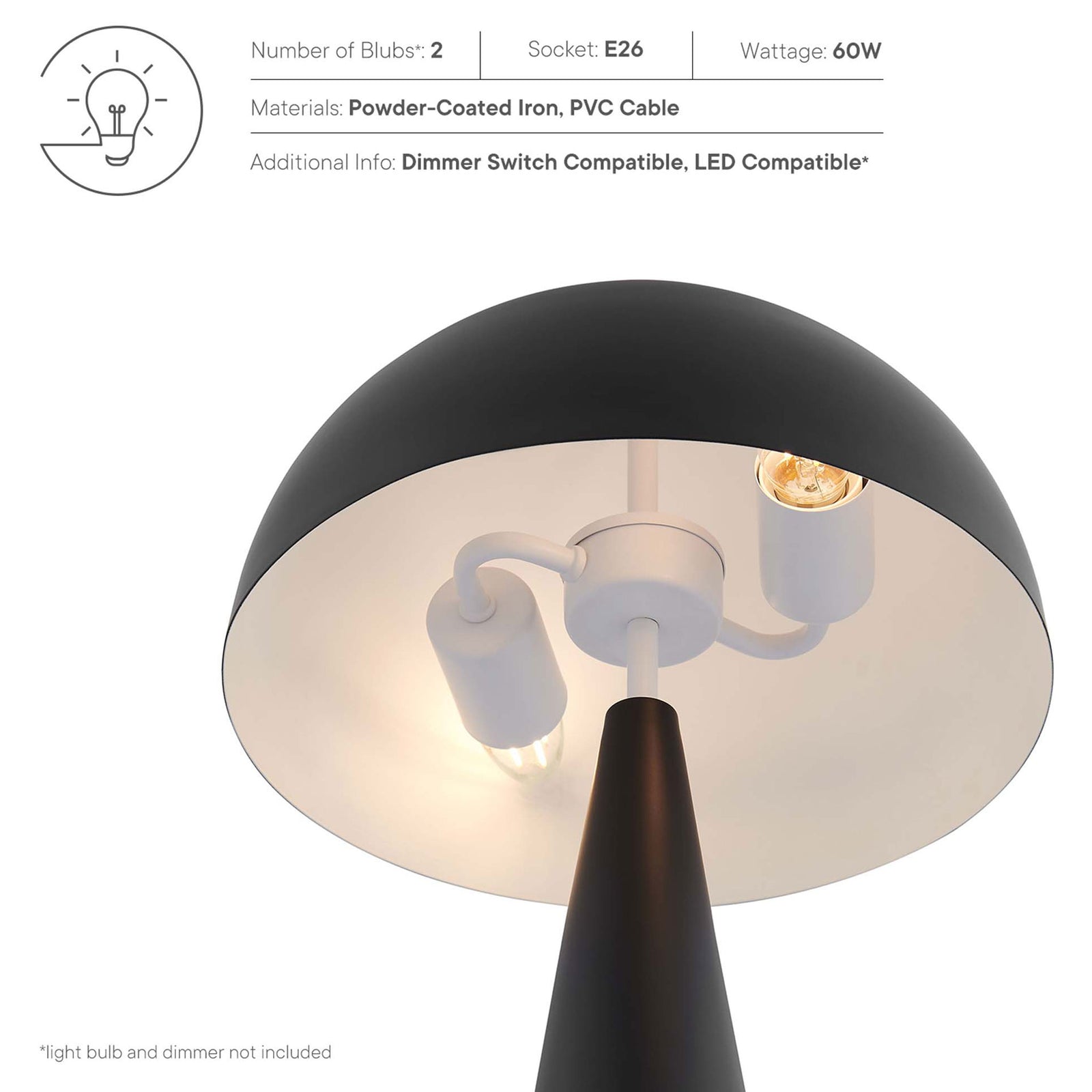 Infographic showing bulb count, socket type, wattage, and dimmer compatibility for the Selena lamp || EEI-5624-BLK || callout_studio