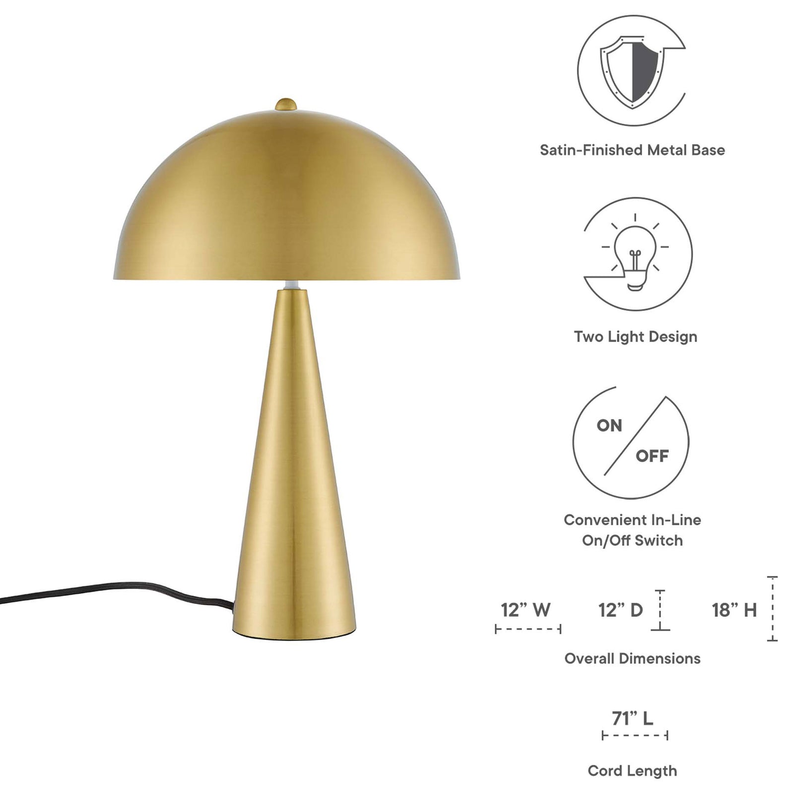 Dimensions diagram detailing Selena satin brass lamp height, shade width, and cord length || EEI-5624-SBR || dimension_studio