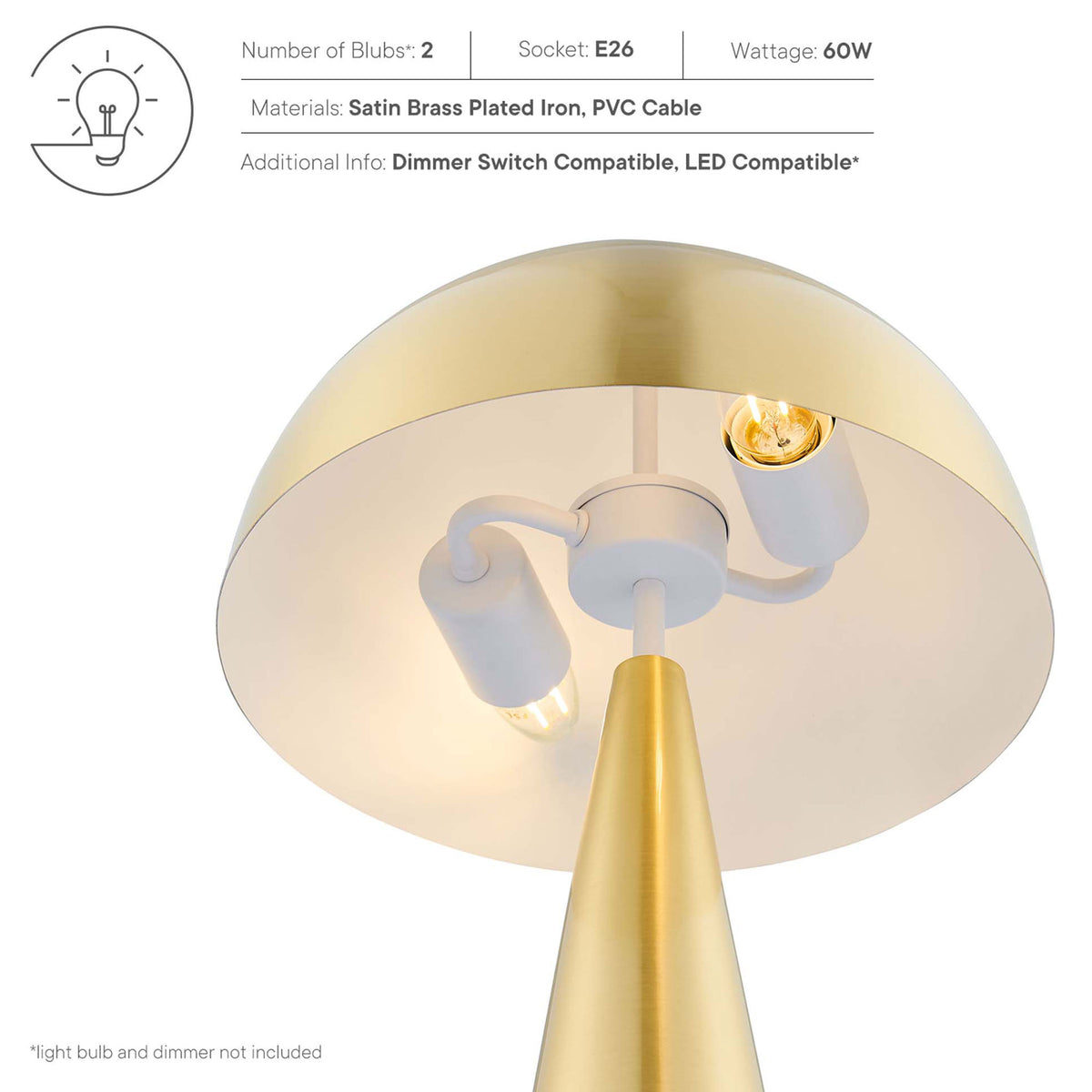 Infographic highlighting bulb type, wattage, and dimmer-ready design of the Selena brass lamp || EEI-5624-SBR || callout_studio