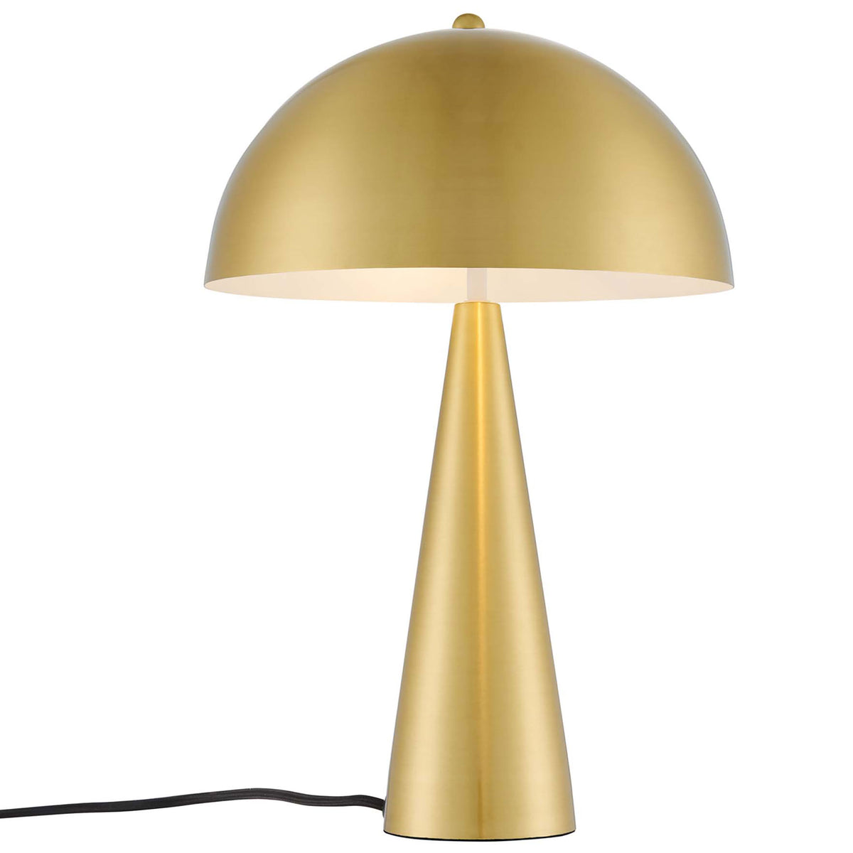 Satin brass table lamp illuminated beneath a dome shade, adding a warm glow to any surface || EEI-5624-SBR || front_on_studio