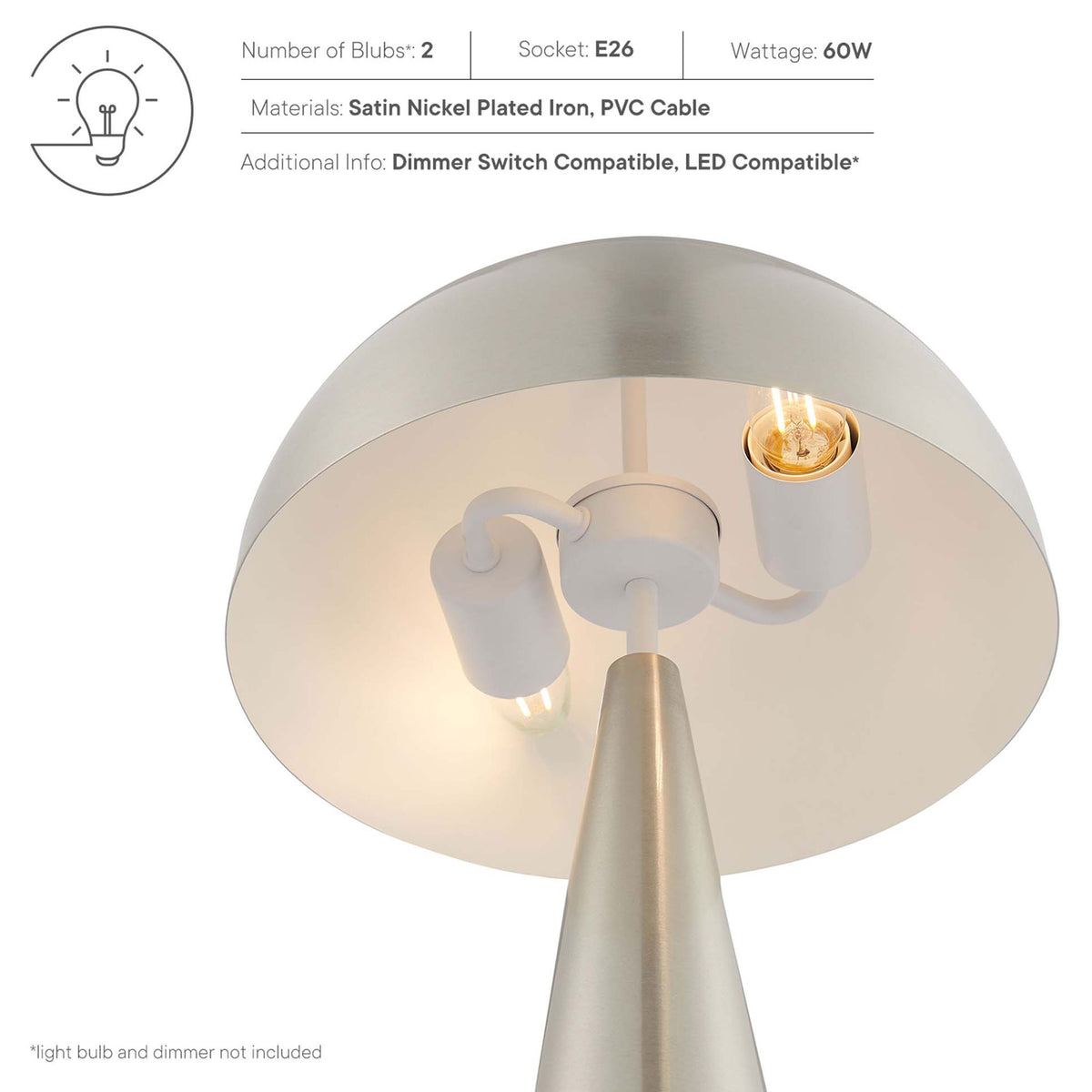 Infographic highlighting bulb count, wattage, and dimmer-ready features of the Selena nickel lamp || EEI-5624-SNL || callout_studio