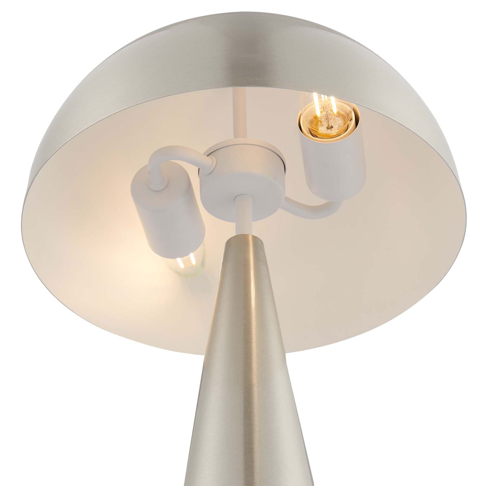 Twin bulbs beneath the dome shade glow inside the satin nickel Selena lamp || EEI-5624-SNL || shade_on_studio