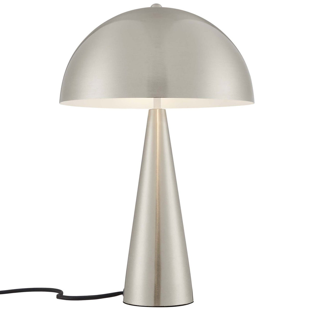 Satin nickel table lamp softly glowing beneath a dome shade to illuminate desks or nightstands || EEI-5624-SNL || front_on_studio