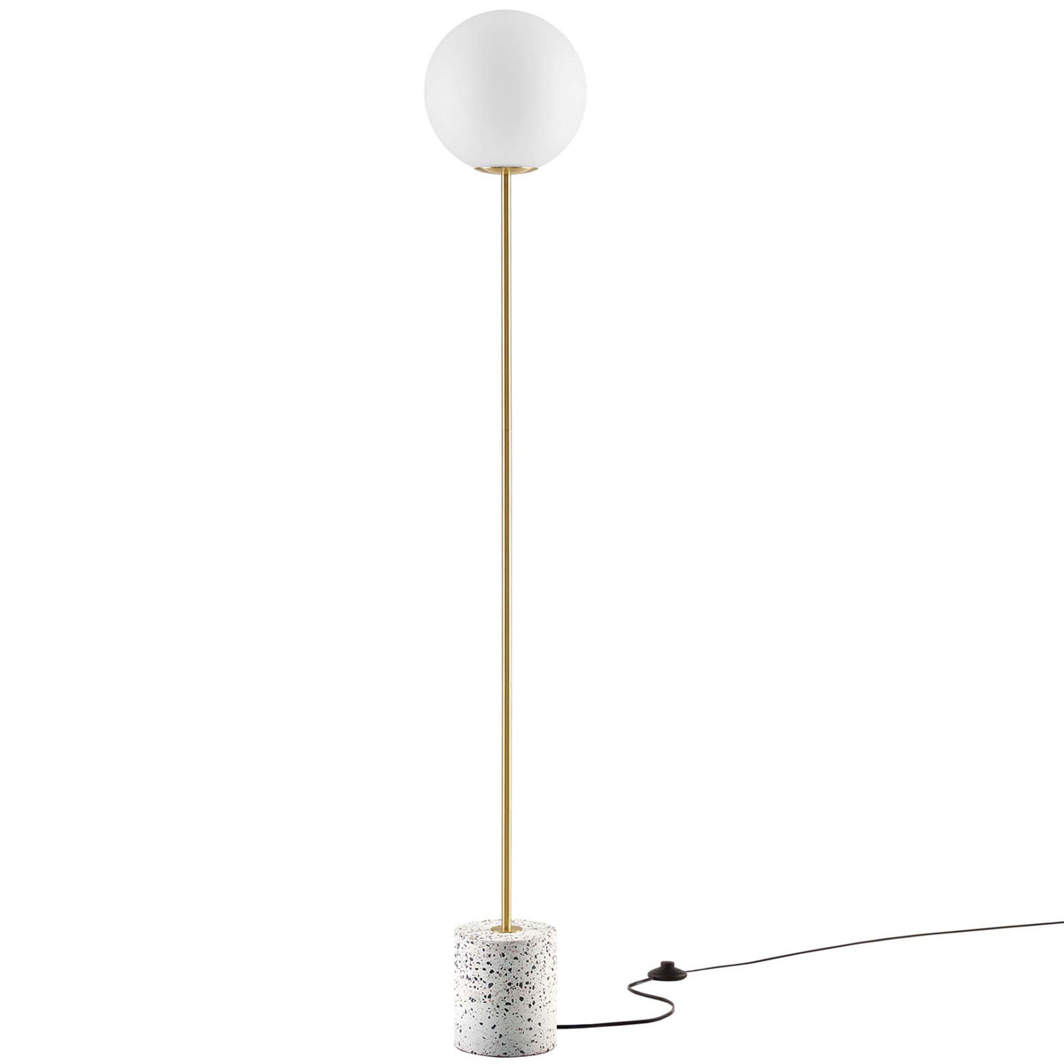 Slim terrazzo floor lamp with white globe and brass stem for clean, modern style || EEI-5626-WHI || front_studio