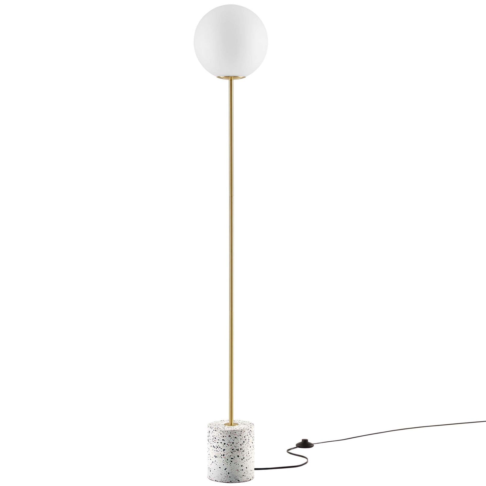 Slim terrazzo floor lamp with white globe and brass stem for clean, modern style || EEI-5626-WHI || front_studio