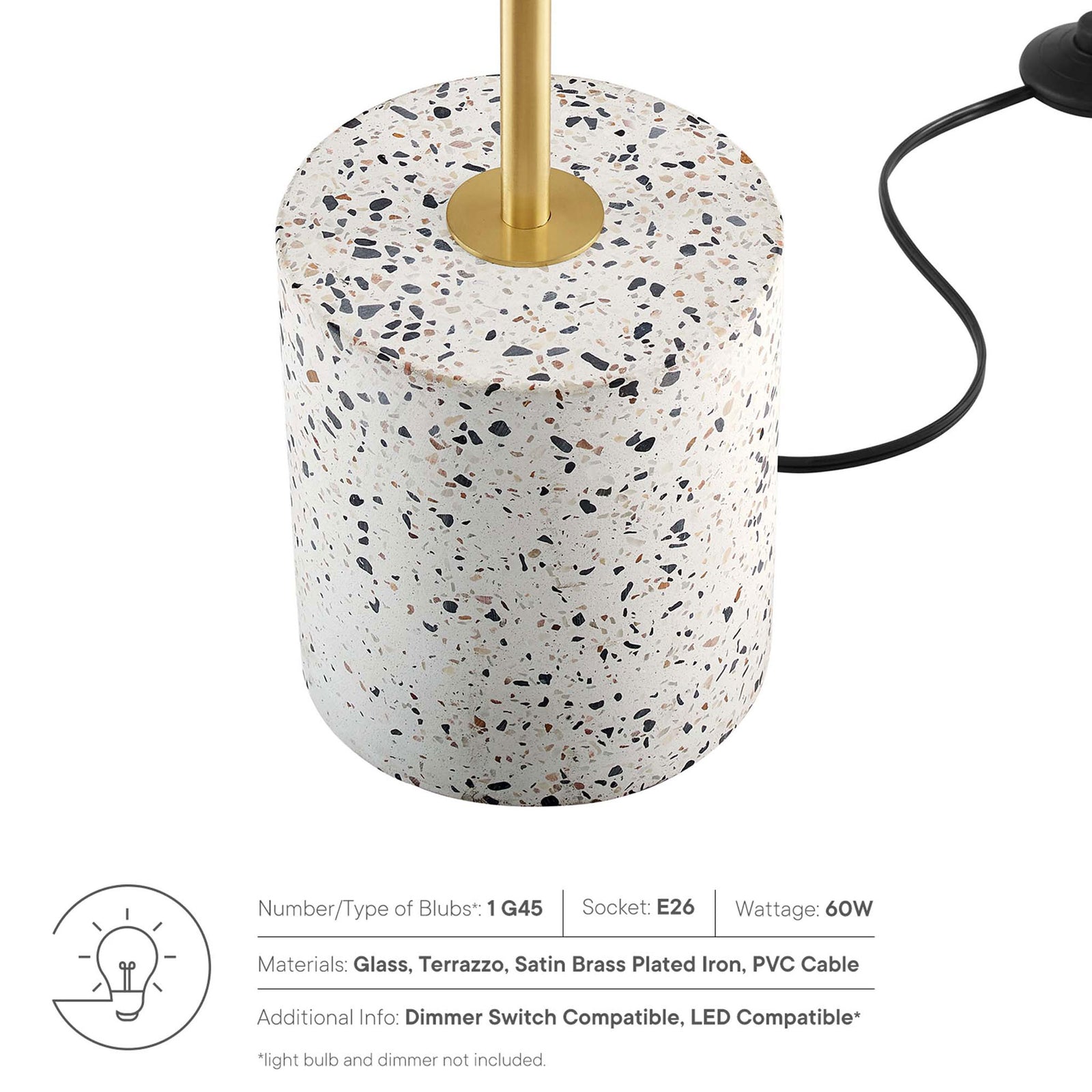Terrazzo base and brass stem highlighted with icons calling out bulb type, wattage, and materials || EEI-5626-WHI || callout_studio
