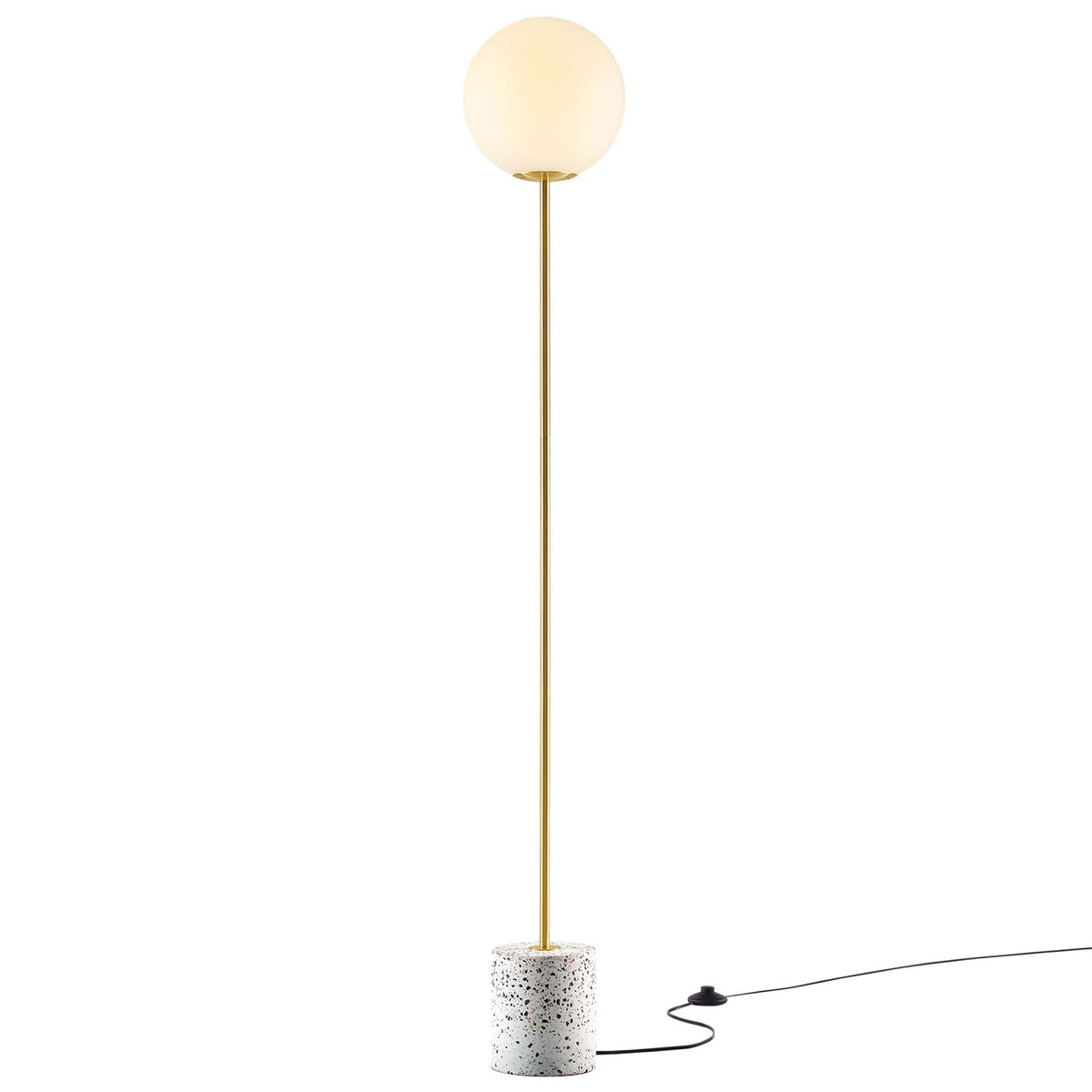 Tall terrazzo floor lamp with softly glowing globe shade creating warm, ambient light || EEI-5626-WHI || front_on_studio
