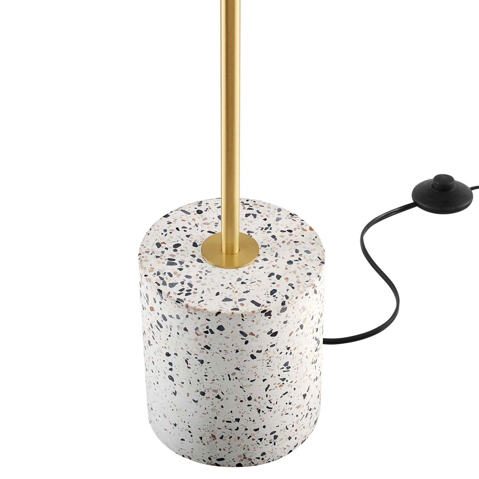 Close-up of speckled terrazzo cylinder base and satin brass pole of the floor lamp || EEI-5626-WHI || detail_studio