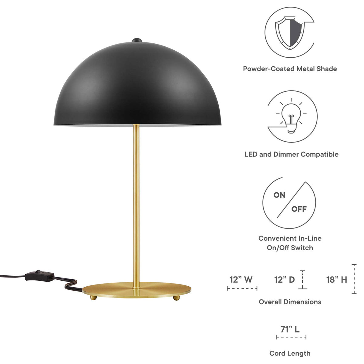 Black metal dome table lamp with satin brass base and printed icons showing size and compatibility || EEI-5629-BLK-SBR || dimension_studio