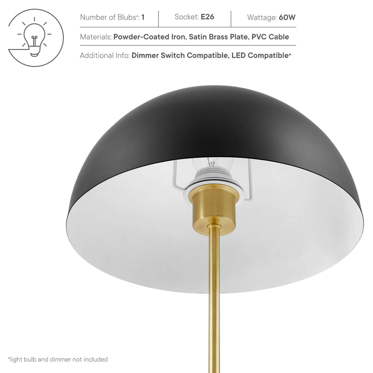 Black dome lamp highlighting materials, bulb type, wattage, and dimmer-compatible design details || EEI-5629-BLK-SBR || callout_studio