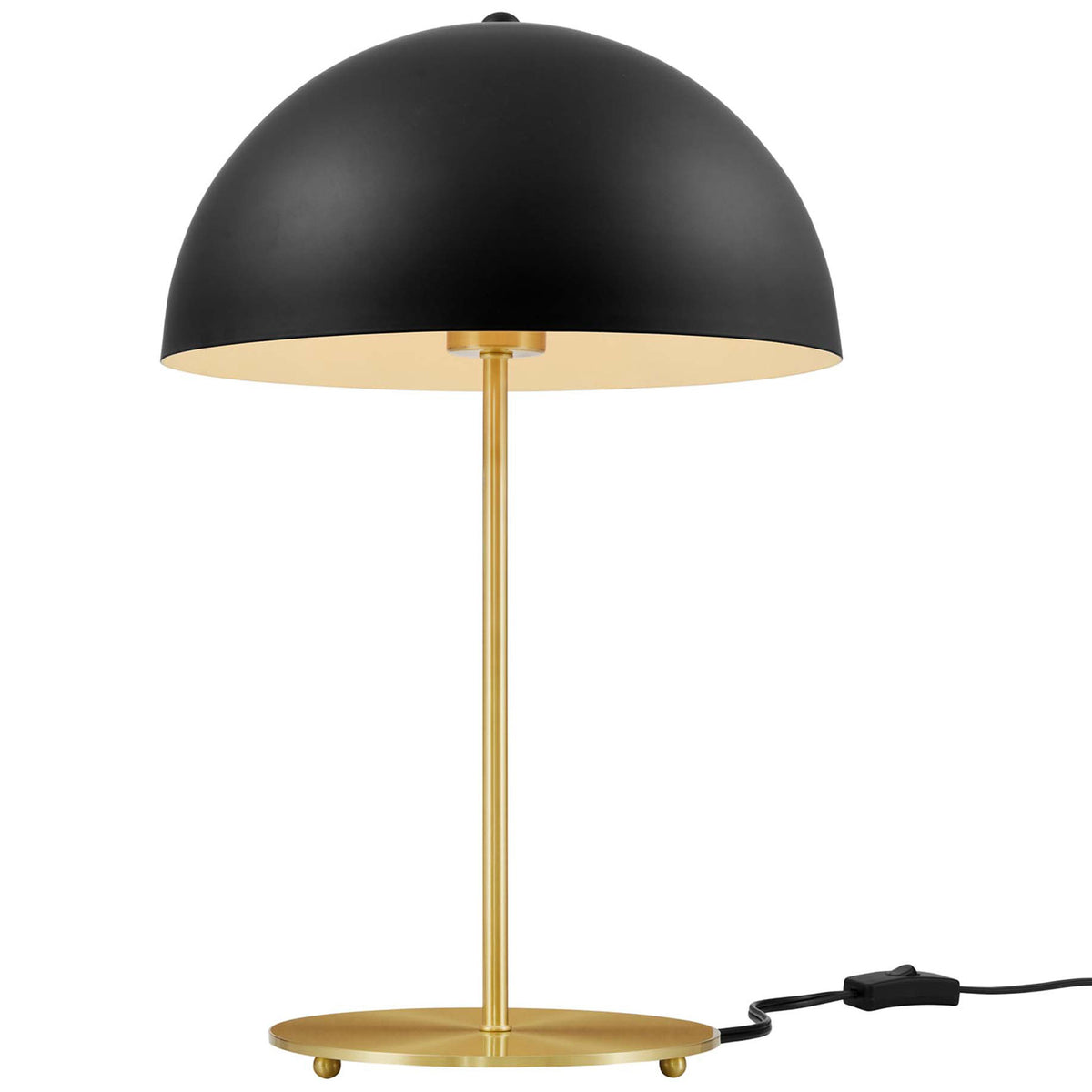 Black dome lamp glowing warmly over a satin brass base to brighten desks and bedside tables || EEI-5629-BLK-SBR || front_on_studio