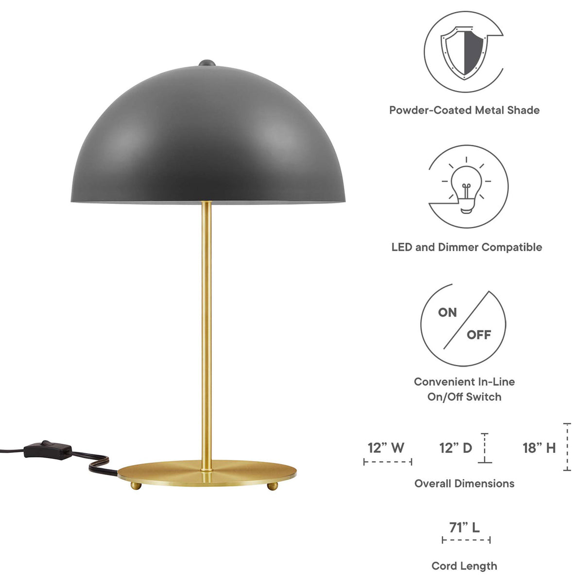 Gray metal dome table lamp with satin brass base and graphics showing dimensions and features || EEI-5629-GRY-SBR || dimension_studio