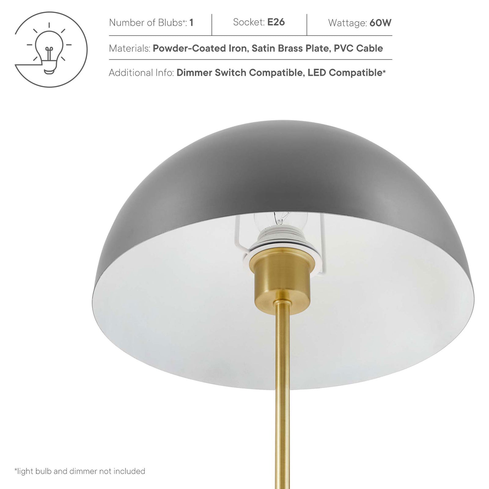 Gray dome lamp with callouts for materials, bulb requirements, and LED dimmer compatibility || EEI-5629-GRY-SBR || callout_studio