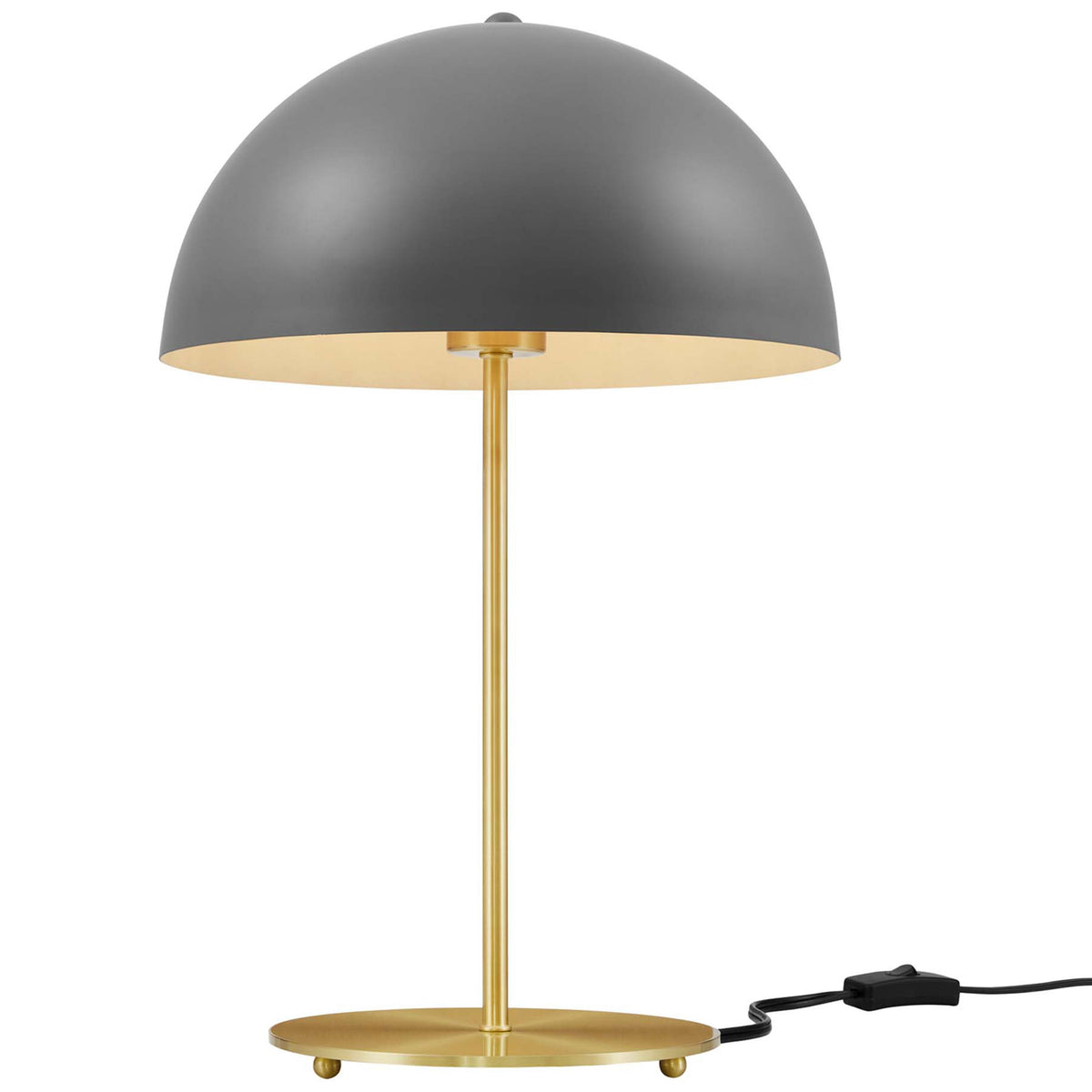 Gray dome lamp glowing softly above a satin brass base to illuminate desks or nightstands || EEI-5629-GRY-SBR || front_on_studio