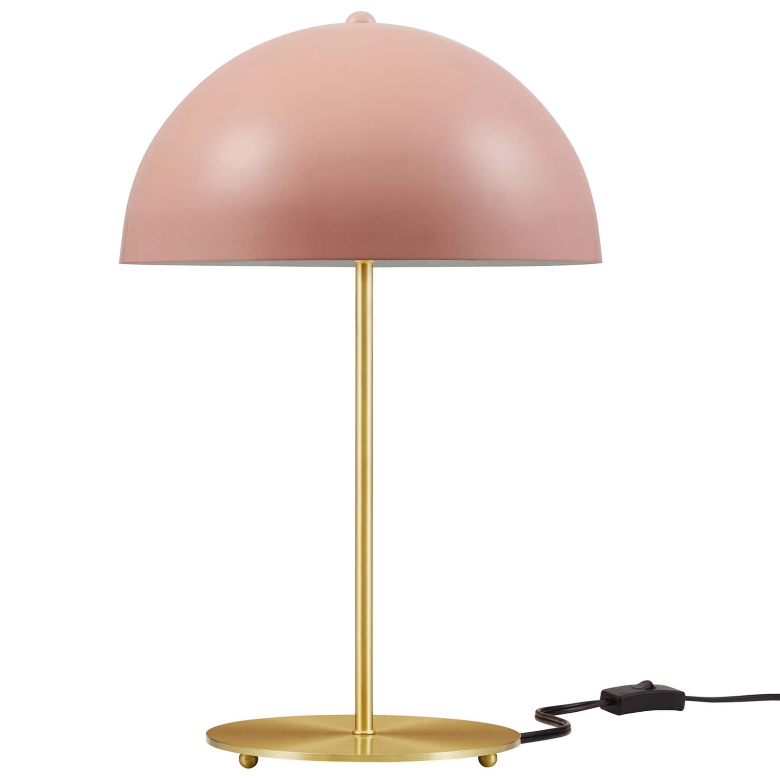 Pink dome table lamp with satin brass base and inline switch for playful modern lighting || EEI-5629-PNK-SBR || front_studio