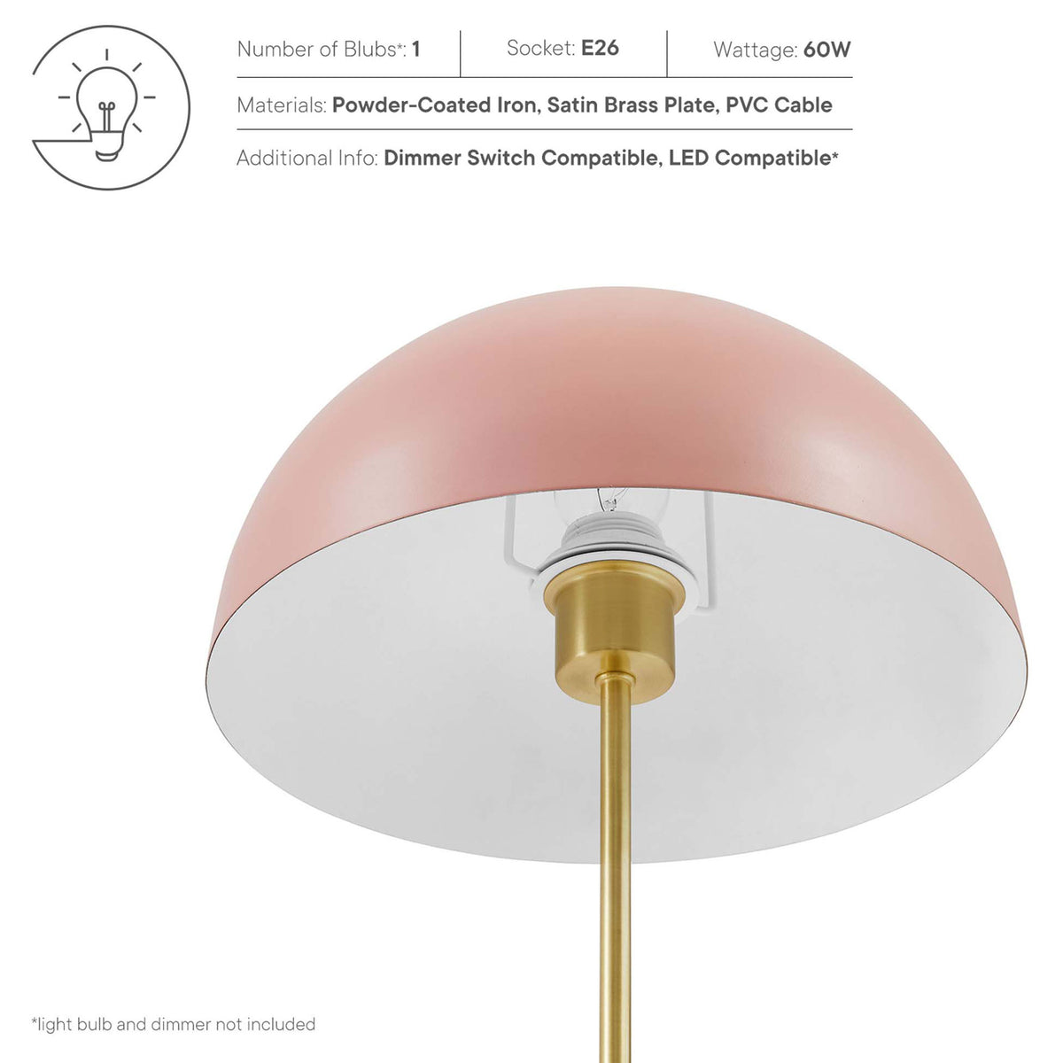 Pink dome lamp with text callouts for materials, bulb type, wattage, and dimmer use || EEI-5629-PNK-SBR || callout_studio