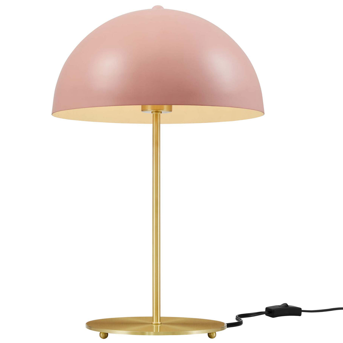 Pink dome lamp glowing warmly above a satin brass base to brighten a stylish nightstand || EEI-5629-PNK-SBR || front_on_studio