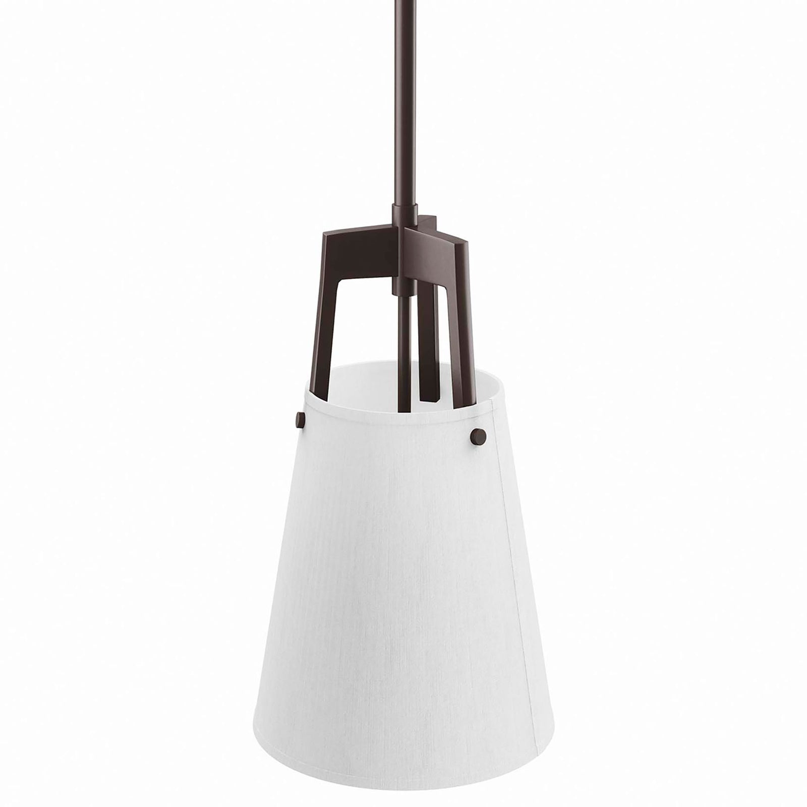 Bronze three prong frame cradles the white fabric cone shade for modern sculptural appeal || EEI-5639-WHI-BRZ || shade_studio