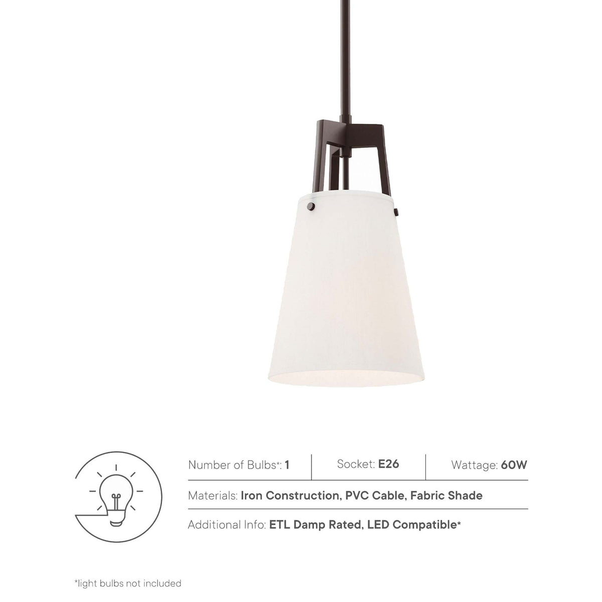 Aspire pendant light highlights single bulb design, E26 socket, and fabric shade construction details || EEI-5639-WHI-BRZ || callout_studio