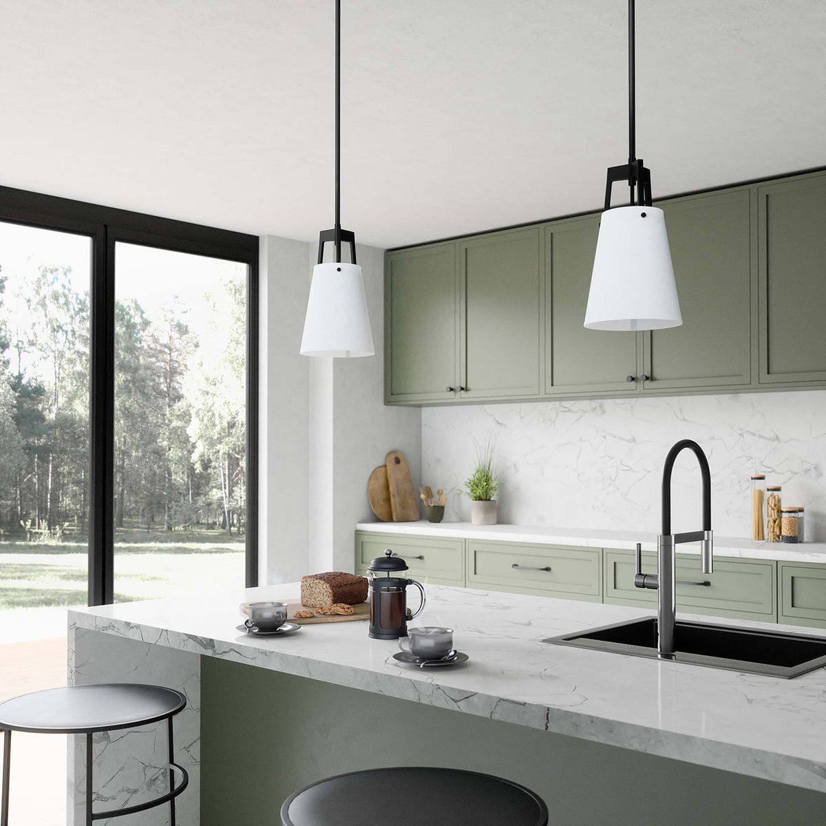 Pair of Aspire pendants brings clean white and bronze contrast above a bright, marble-topped kitchen island || EEI-5639-WHI-BRZ || front_angle_room
