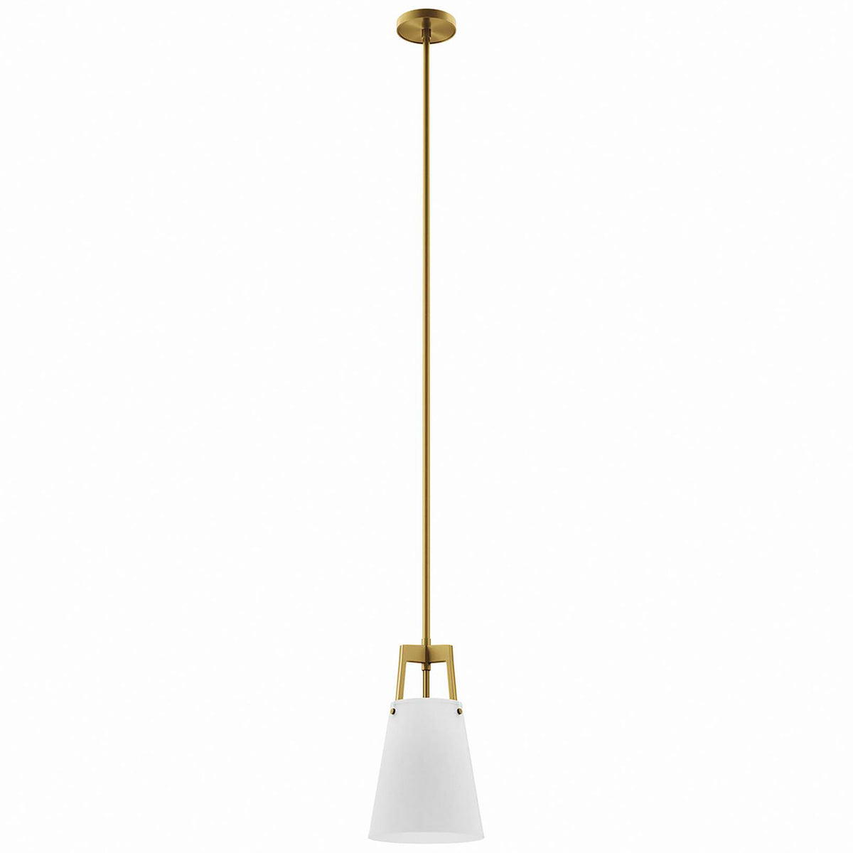 White cone pendant light with satin brass rod and canopy for modern ceilings || EEI-5639-WHI-SBR || front_studio