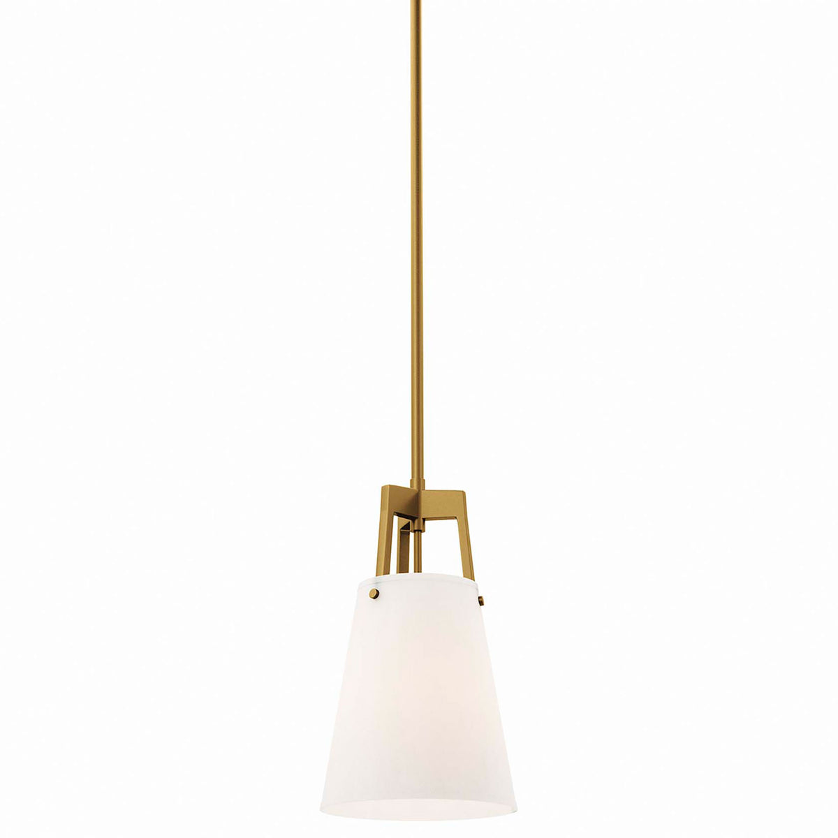 Close view of white fabric shade and satin brass frame on the Aspire pendant || EEI-5639-WHI-SBR || shade_studio