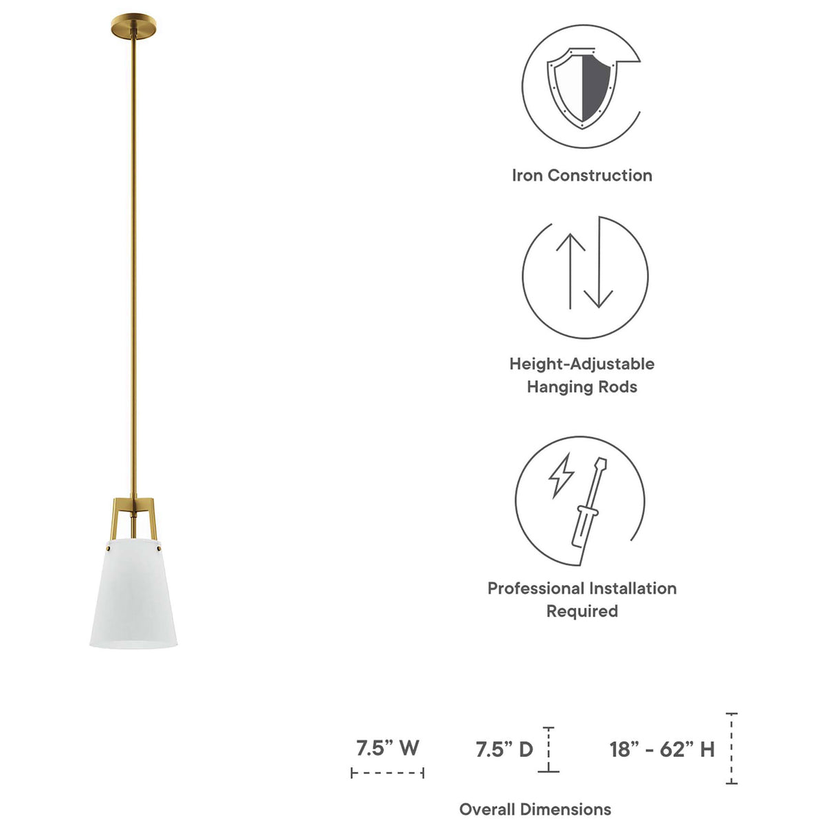 Pendant light with icons and diagram showing adjustable height and overall dimensions || EEI-5639-WHI-SBR || dimension_studio