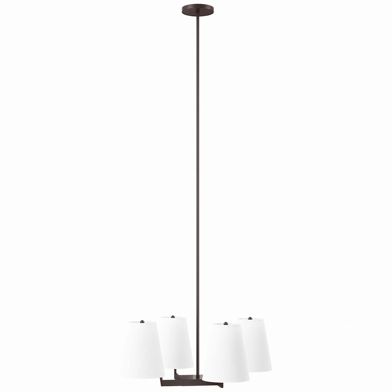 Modern bronze 4-light pendant with crisp white cone shades and a slim adjustable rod || EEI-5640-WHI-BRZ || front_angle_studio