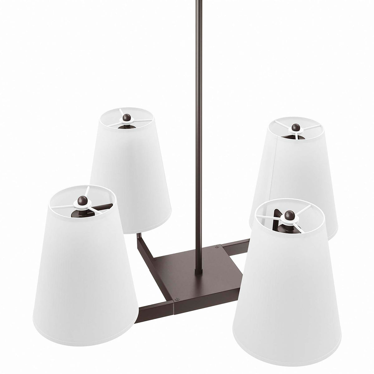White cone shades with metal finials sit on a bronze cross-arm || EEI-5640-WHI-BRZ || top_angle_studio