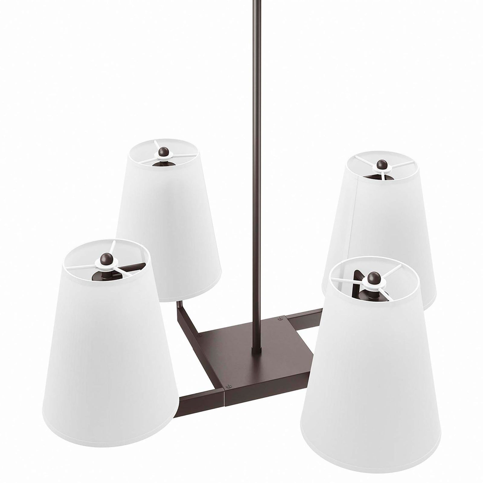 White cone shades with metal finials sit on a bronze cross-arm || EEI-5640-WHI-BRZ || top_angle_studio