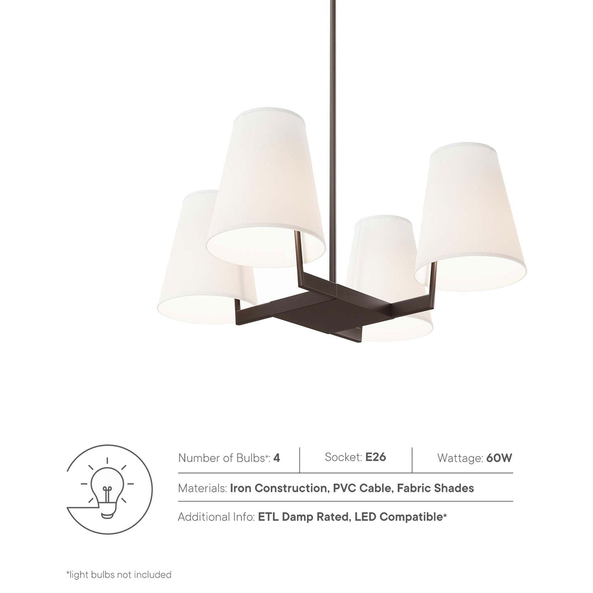 4-light design with E26 sockets, 60W max, iron construction, and fabric shades || EEI-5640-WHI-BRZ || callout_on_studio