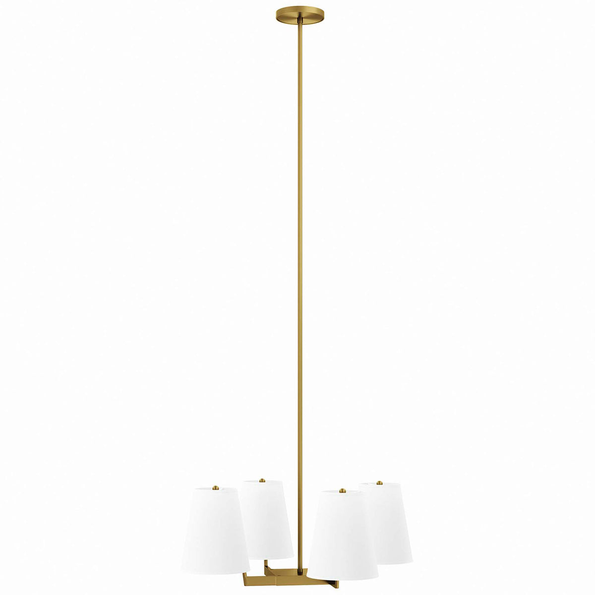 Four white fabric cones pair with a satin brass frame for crisp, elevated style. || EEI-5640-WHI-SBR || front_angle_studio