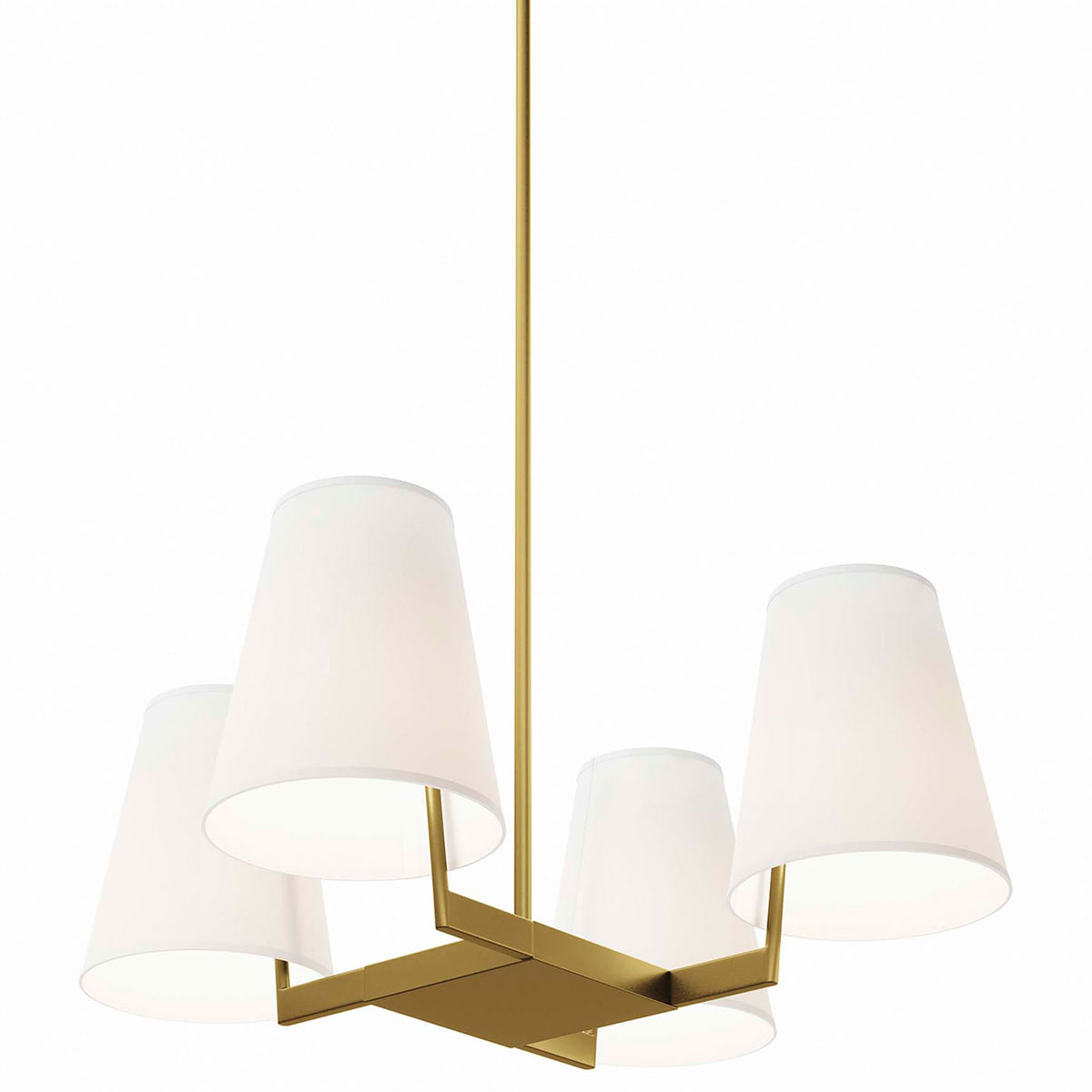 White fabric shades and satin brass arms create a refined, softly diffused look. || EEI-5640-WHI-SBR || front_angle_on_studio