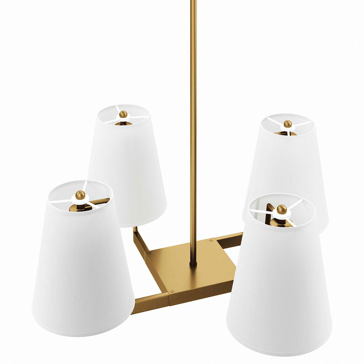 Tapered white fabric shades crown a clean satin brass crossbar. || EEI-5640-WHI-SBR || top_angle_studio