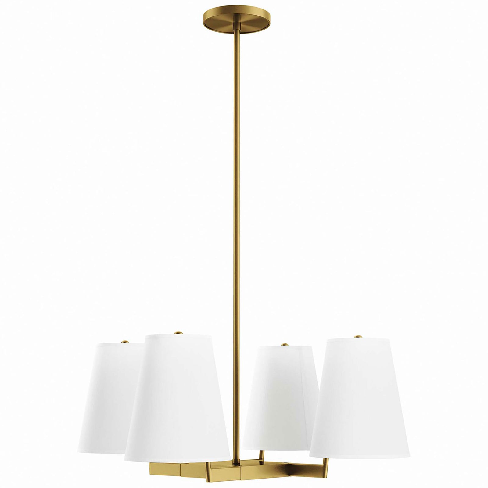 Balanced arms and clean lines define this satin brass four-light pendant. || EEI-5640-WHI-SBR || front_angle_studio