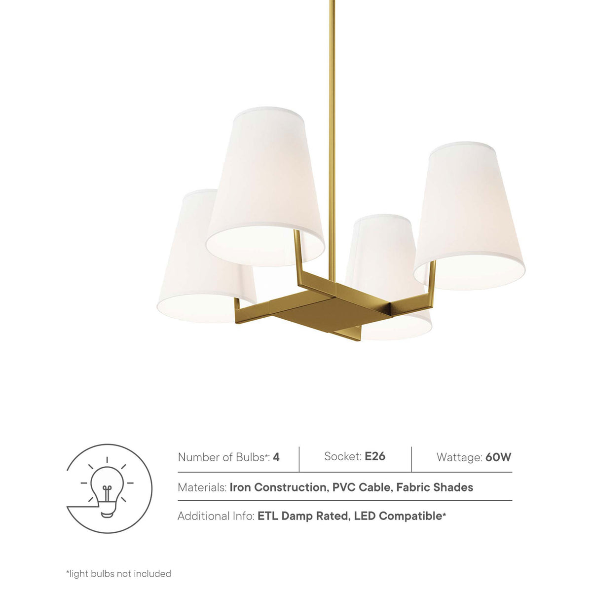 Key details: four E26 sockets, 60W max, LED compatible, fabric shades, iron construction. || EEI-5640-WHI-SBR || callout_on_studio
