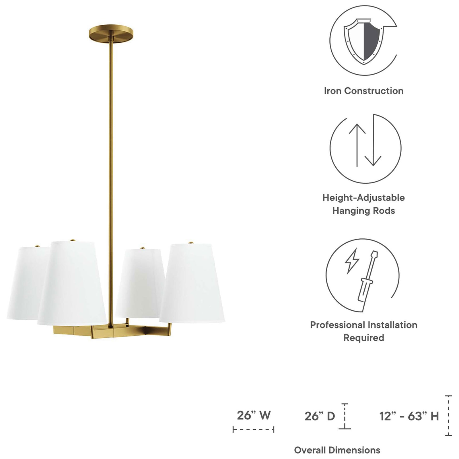 Adjustable hanging height and 26-inch span fit a range of rooms and ceilings. || EEI-5640-WHI-SBR || dimension_studio