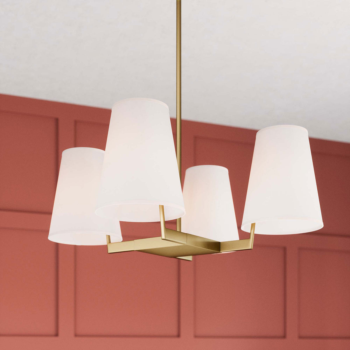 Warm glow through white shades and satin brass brings inviting ambiance to the room. || EEI-5640-WHI-SBR || shade_on_room