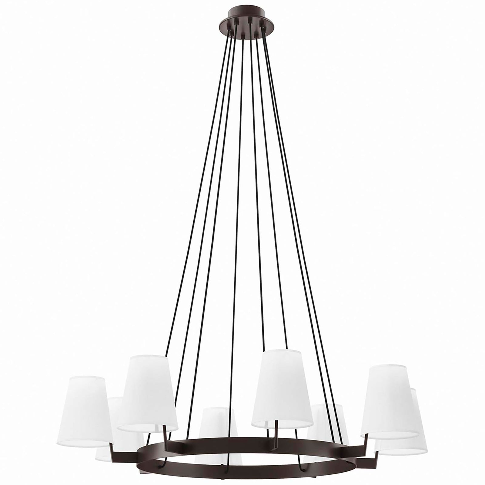 Eight fabric shades circle a bronze ring with adjustable cables for modern, balanced lighting || EEI-5641-WHI-BRZ || front_studio