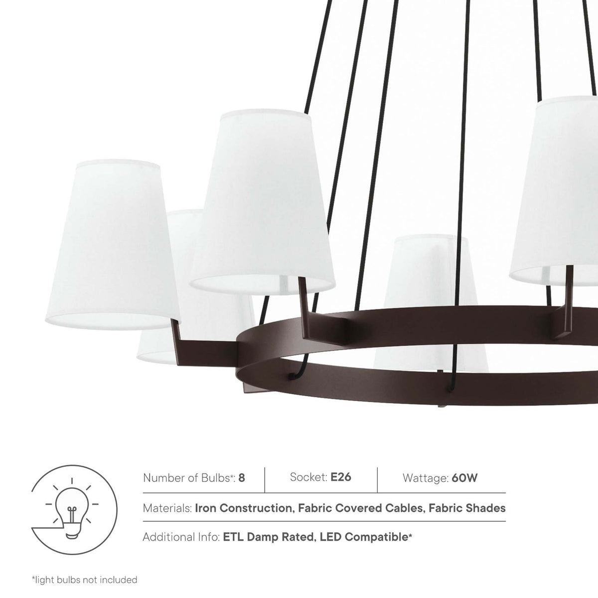 Features include iron construction, fabric shades, and E26 sockets || EEI-5641-WHI-BRZ || callout_studio