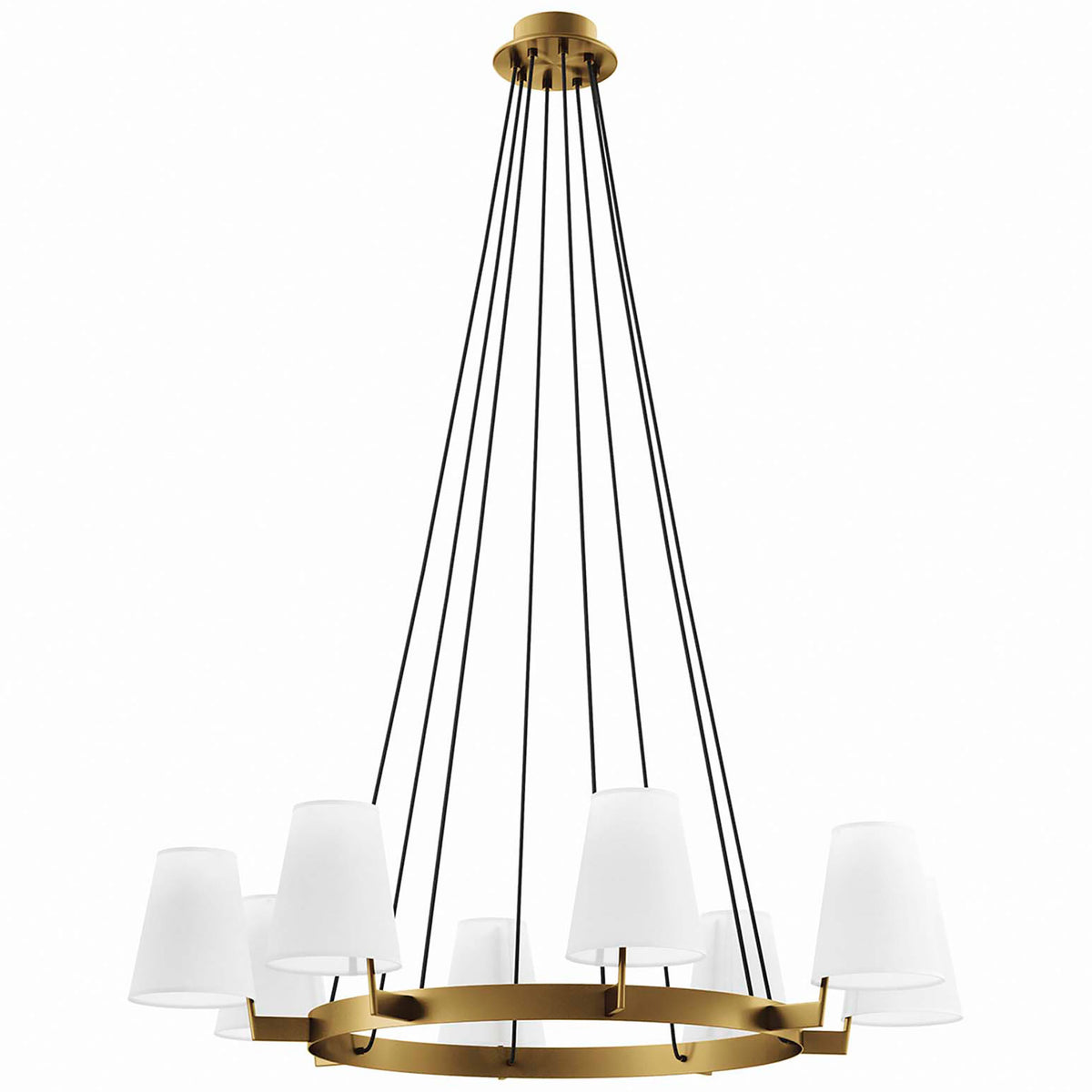 Eight white fabric shades on a satin brass ring with black cables for a refined modern statement || EEI-5641-WHI-SBR || front_studio