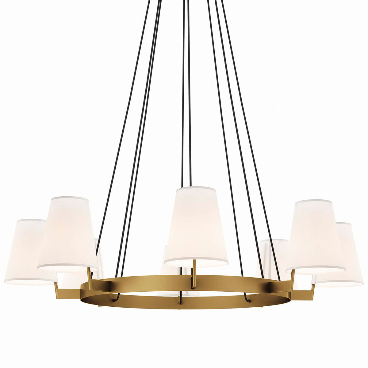 Warm light glows through eight white shades on a satin brass ring || EEI-5641-WHI-SBR || front_on_studio